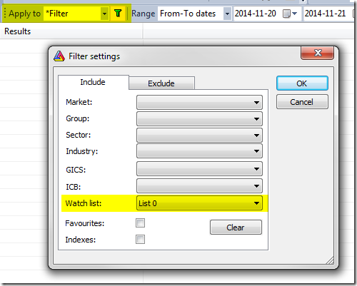 Filter dialog