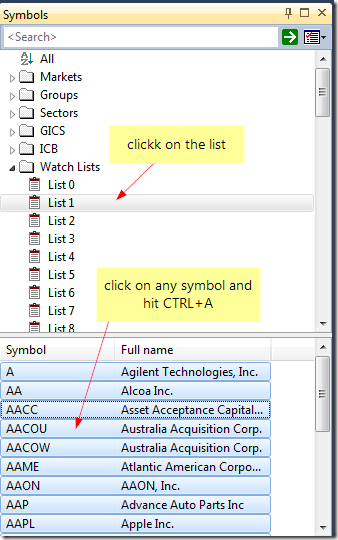 Select symbols from watch list