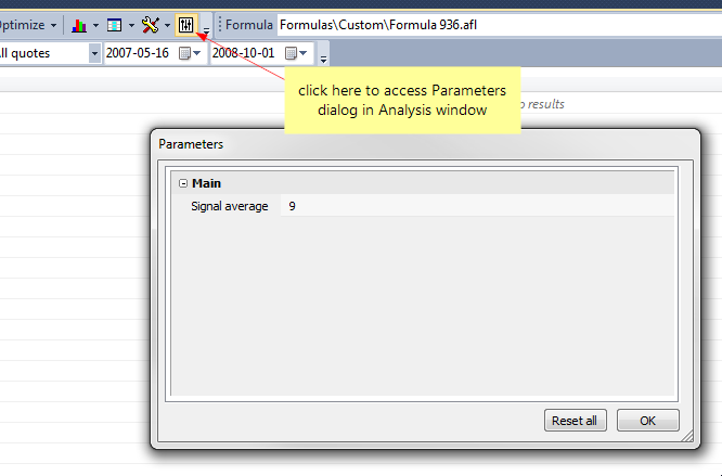 Parameters in Analysis window